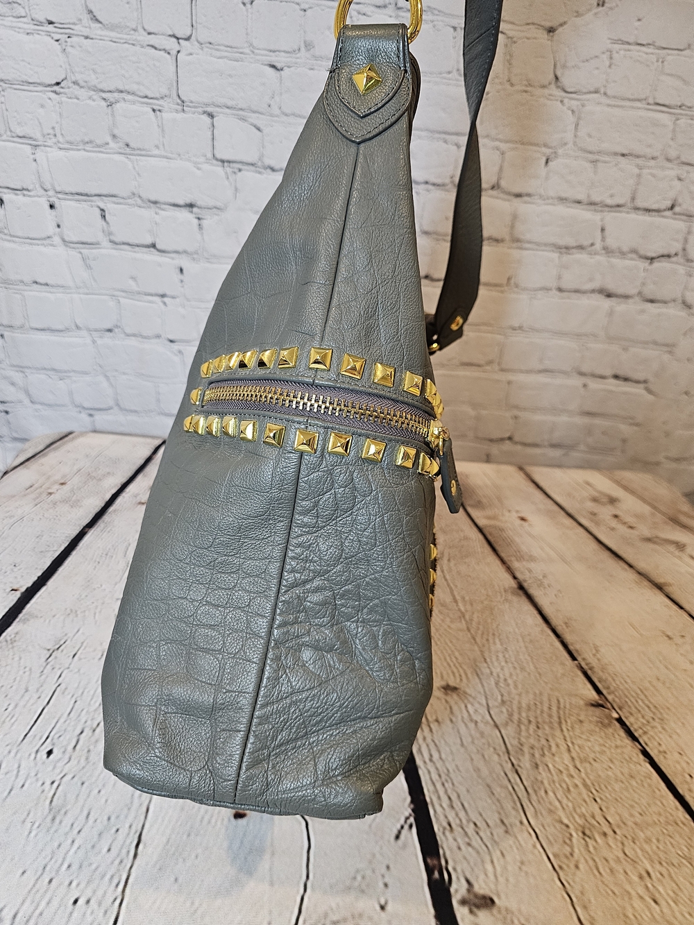 Betsey Johnson Y2K Gray Leather Studded Hobo Bag - Picture 5 of 12